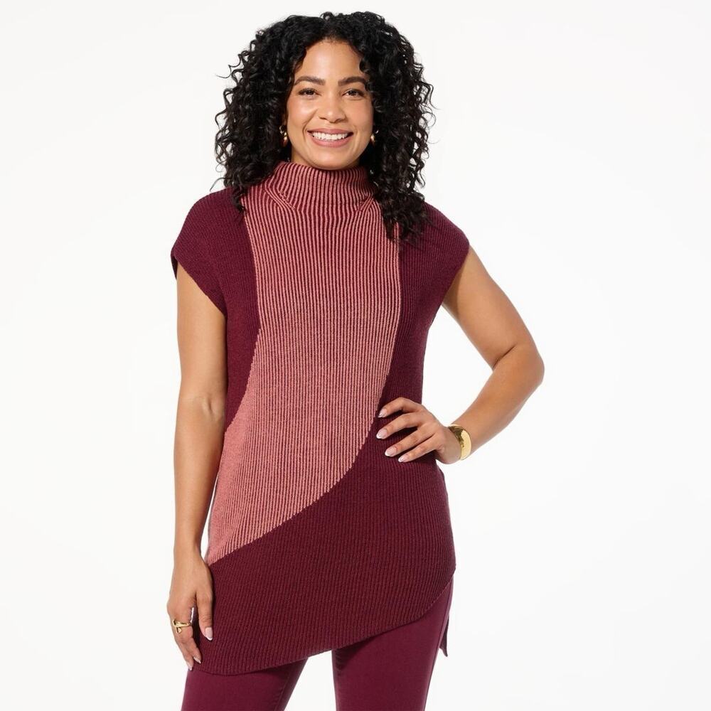 Diane Gilman DG2 Sweater Medium Red SoftEase Curved Hem Mock-Neck Tunic
